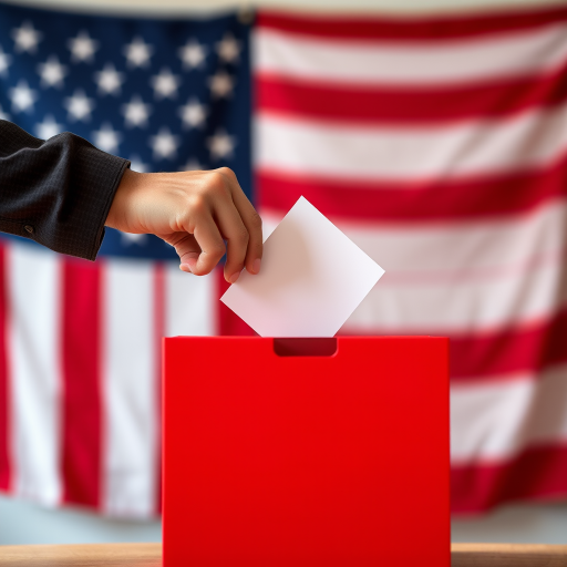 Create an image of a person casting a vote into a red ballot box, with a US flag in the background, shot with a Canon EOS R5, 50mm lens, f/1.8 aperture, ISO 100, and a shallow depth of field for a blurred background effect.