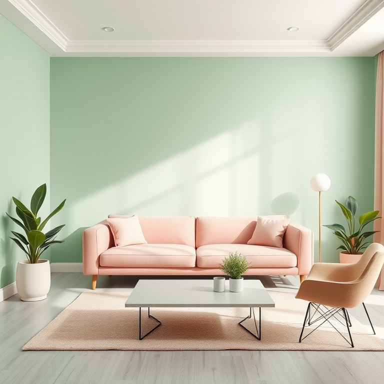 interior design of a minimalist living room with a pastel color palette featuring a pink sofa and green walls, soft natural lighting, shot with a DSLR camera at f/2.8, ISO 200, 50mm lens, wide-angle view, modern aesthetic, high resolution