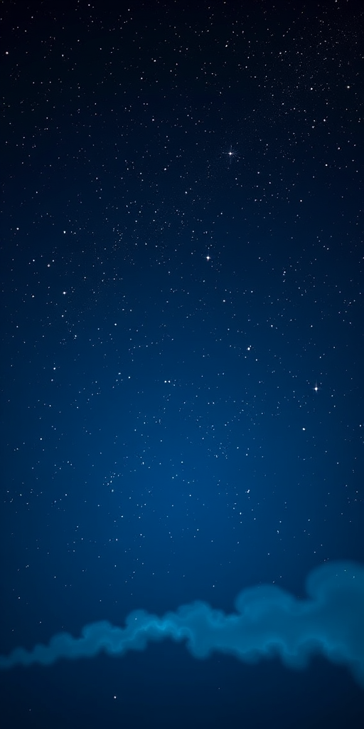 Create an image of a starry night sky filled with twinkling stars against a deep blue background. Include a soft, cloud-like texture in the lower part of the image to add depth.