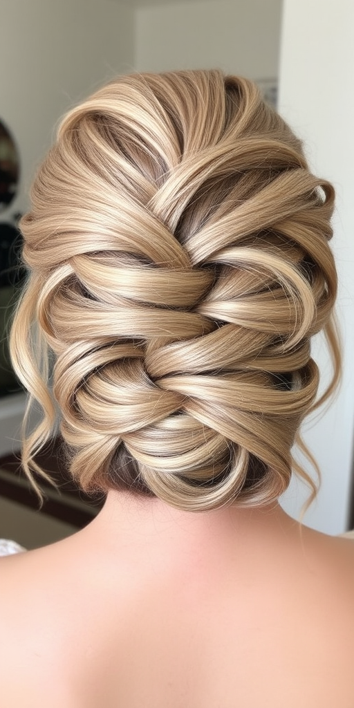 Sophisticated ash blonde updo with intricate braided details and wispy tendrils, perfect for formal occasions, dubbed "Ethereal Elegance"