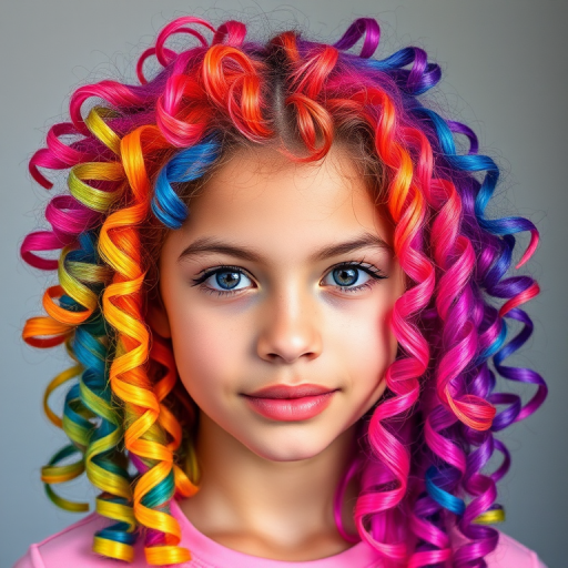 Vibrant image of a teenager with Rainbow Prism locks, each section dyed a different bright hue, styled in tight spiral curls forming a halo around their face