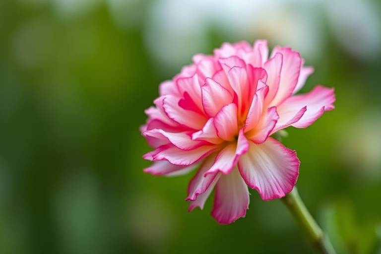 Close-up of a pink and white carnation flower against a blurred green background, using a macro lens, aperture f/2.8, shutter speed 1/200, ISO 100, shot from a low angle to emphasize the flower's details and create a bokeh effect, DSLR camera.