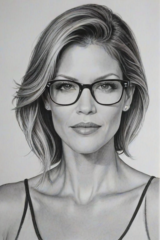Graceful Tricia Helfer, pencil sketch, portrait of Dazzling woman 1979s in glasses, hair style beatnik, outline, clear lines, fine lines, 8k