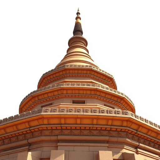 Create a detailed illustration of a pagoda-style stupa with intricate layers and a pointed spire, capturing it from a low angle to emphasize height, using a DSLR camera with a 35mm lens, aperture set at f/8, ISO 200, in bright daylight for clarity and sharpness.
