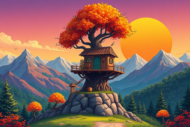 Create a vibrant illustration of a whimsical treehouse built on a stone pedestal with an orange-leaved tree on top, surrounded by colorful mountains and a large orange sun in the background, using a digital art style with high resolution at 300 DPI, shot with a wide-angle lens at f/8 for depth of field, in a bright color palette for increased contrast and clarity.