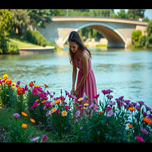 Capture a vibrant scene of a woman in a pink dress bending over to smell flowers by a calm river with an arched bridge in the background, using a Canon EOS R5, 24mm lens, f/8 aperture, 1/200 sec shutter speed, ISO 100, in bright daylight, with a shallow depth of field and vivid colors to enhance image quality.