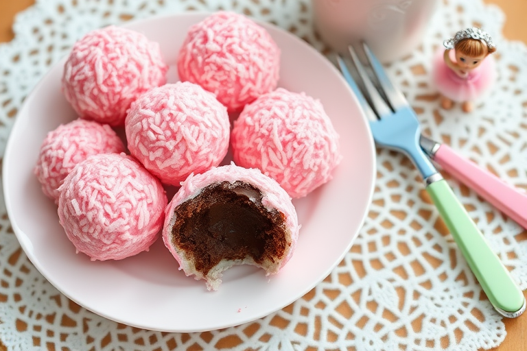A plate of pink coconut-covered desserts shaped like balls with a bite taken out revealing a dark chocolate center next to a small ballerina figurine and pastel-colored utensils on a lace doily.