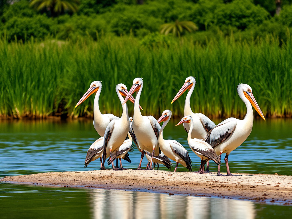 group of pelicans standing on a sandy shore near calm water with lush green background, captured with a Canon EOS R5 at f/5.6, ISO 100, shutter speed 1/200 sec, in a landscape orientation using a telephoto lens.