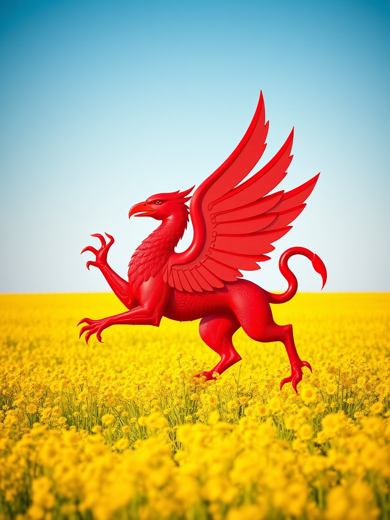 Generate a high-resolution digital artwork of a red griffin rampant on a yellow field, using a Canon EOS 5D Mark IV with a 50mm lens, f/8 aperture, ISO 100, capturing in bright natural light and sharp focus to enhance details and colors.
