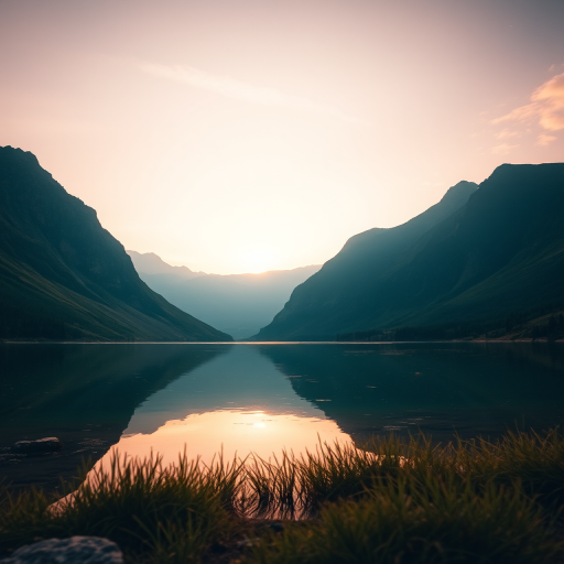 Generate a high-resolution image of a serene landscape featuring mountains and a lake during sunset, captured with a DSLR camera at f/8 aperture, ISO 100, 1/60 shutter speed, using a wide-angle lens, shot from a low angle to emphasize the foreground reflection in the water.