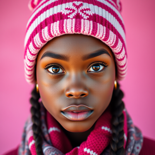 Create a vibrant digital portrait of a young woman with dark skin, large expressive brown eyes, and stylish braided hair, wearing a pink and white striped beanie with a snowflake design, a matching scarf wrapped around her neck, and a colorful pink background, shot with a Canon EOS R5, 50mm lens, f/1.8, ISO 100, natural lighting to enhance colors and details.