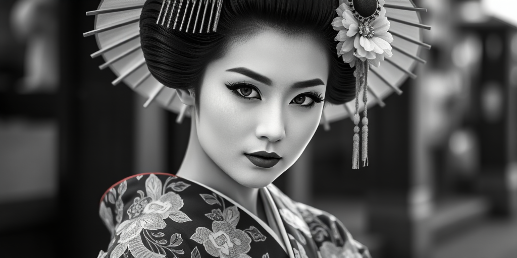 Create an elegant black and white portrait of a geisha in traditional attire, emphasizing intricate patterns and textures, shot with a DSLR camera at f/1.8, ISO 100, shutter speed 1/125s, using a shallow depth of field to blur the background, from a low angle view, in soft natural light for enhanced contrast and detail.