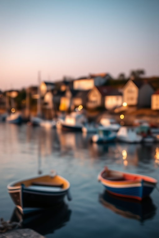 Soft-focus image of a quiet fishing village at dusk, with soft golden light reflecting off the water and small boats gently bobbing in the harbor, with houses softly blurred in the distance.