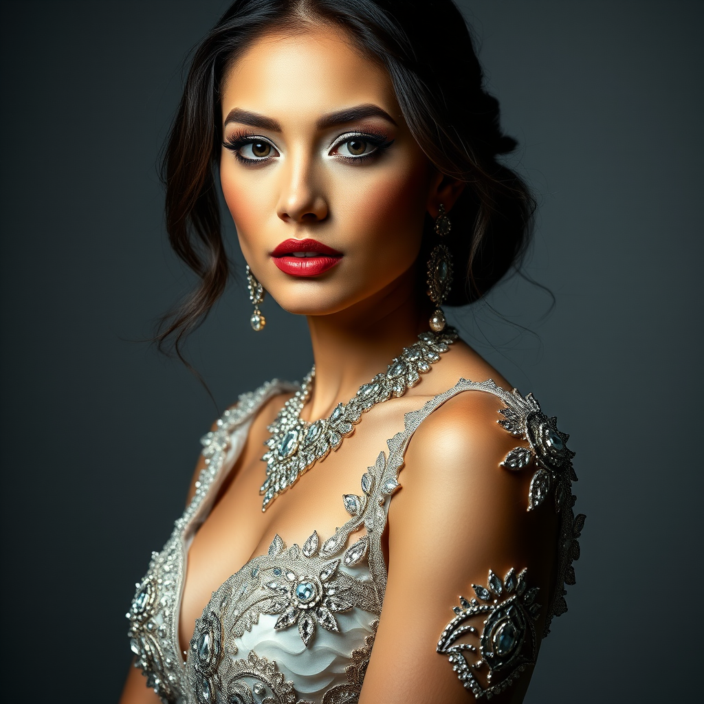 Studio portrait, female model, elegant couture dress, bold makeup, dramatic lighting, Shoot over the shoulder using a telephoto lens to focus on small details like jewelry, makeup, or fabric textures