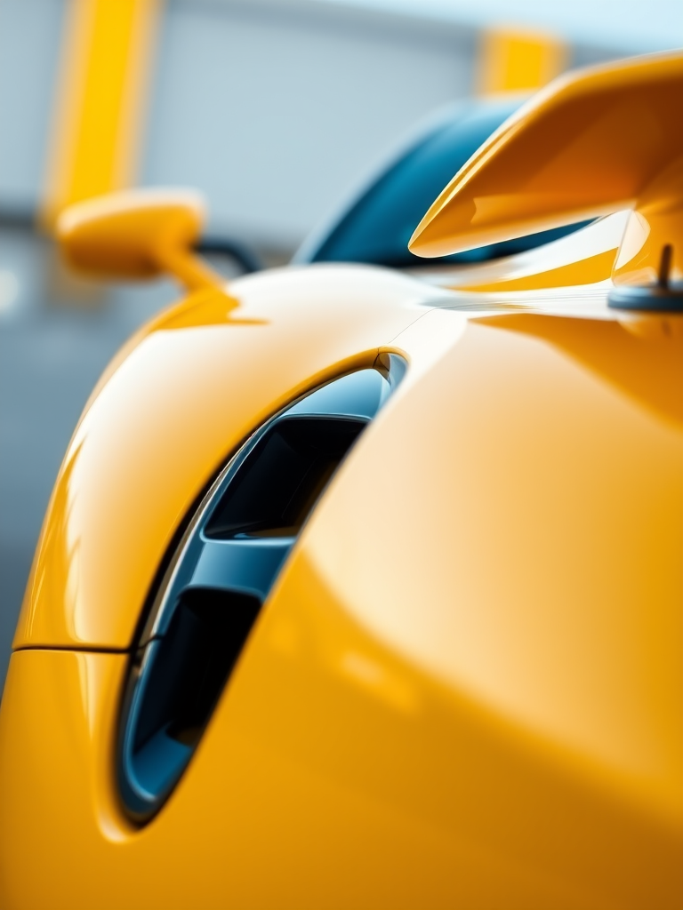 Create a hyper-realistic image of a sleek, yellow sports car in a dynamic angle, using a DSLR camera with a 50mm lens, aperture f/1.8, ISO 100, and a shallow depth of field to emphasize the car against a blurred background while capturing vivid details and reflections.