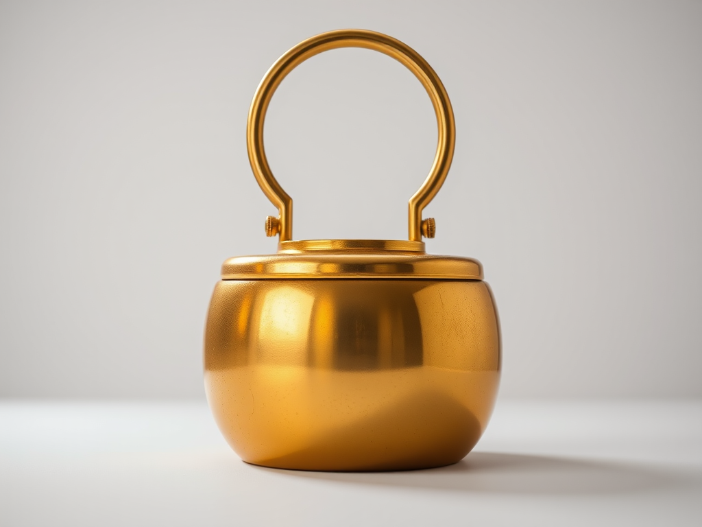 Create a high-resolution image of a gold weight with a circular handle on top, shot in a well-lit studio environment using a Canon EOS R5 camera, 50mm lens, f/2.8 aperture, ISO 100, and a softbox for even lighting.