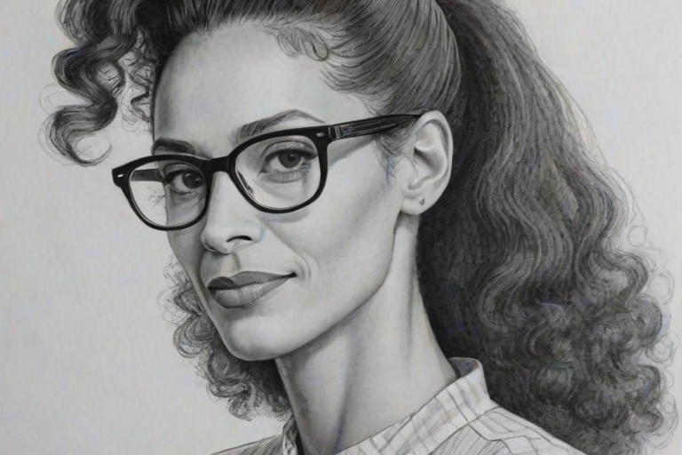 Stunning Carla Hall, pencil sketch, portrait of Wonderful woman 1959s in glasses, hair style beatnik, outline, clear lines, fine lines, 8k