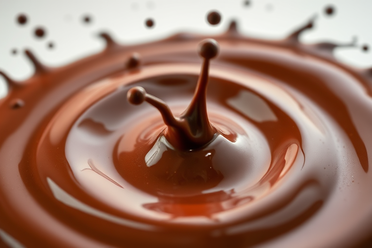 a high-speed photograph of a rich chocolate splash, macro focus, 1/1000s shutter speed, f/2.8 aperture, ISO 100, shot with a DSLR camera from a top-down view, natural light for enhanced texture and detail