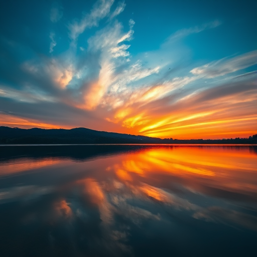 Generate a high-resolution image of a sunset over a serene lake with vibrant colors reflected in the water, shot with a Canon EOS R5 at f/2.8, ISO 100, 1/200s, wide-angle view, in landscape orientation, using a HDR style for enhanced dynamic range.
