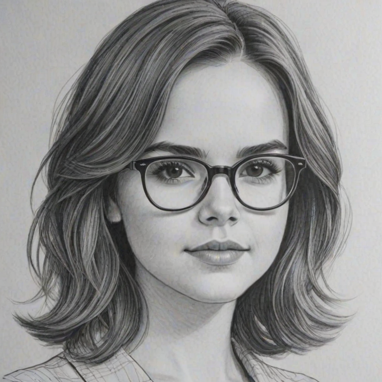 Pleasing Bailee Madison, pencil sketch, portrait of Wonderful woman 1974s in glasses, hair style beatnik, outline, clear lines, fine lines, 8k