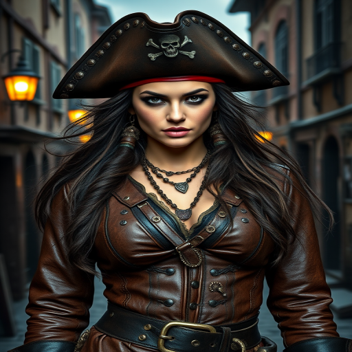 Create a portrait of a fierce female pirate. She wears a leather tricorn hat adorned with a skull and crossbones emblem, and her long, dark hair flows around her face. Her outfit consists of a richly detailed leather jacket, a corset, and multiple layers of belts and accessories, giving her a formidable and stylish appearance. She stands confidently in a dimly lit, historic port town, with a backdrop of weathered buildings and cobblestone streets, capturing the adventurous spirit of a pirate.
