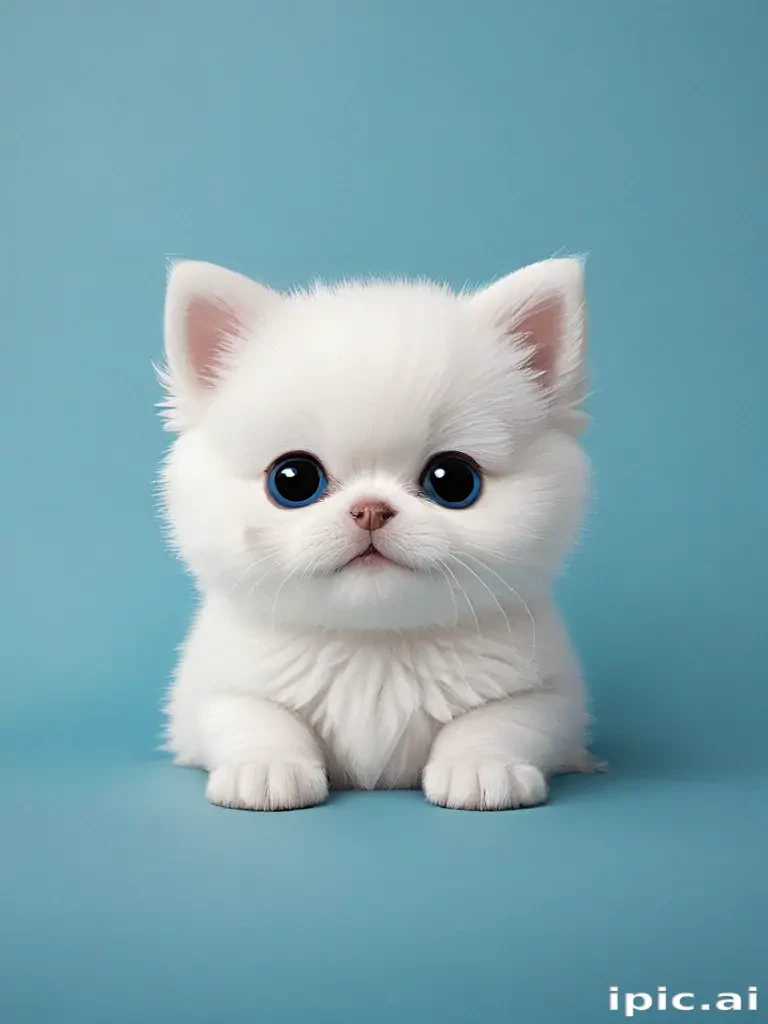 Adorable Fluffy White Kitten with Big Eyes Against a Blue Background