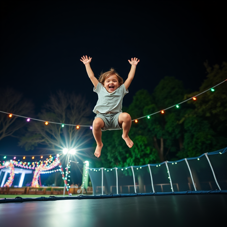 A joyful child jumping on a bungee trampoline at night, surrounded by colorful lights and trees, captured with a DSLR camera, 50mm lens, f/1.8 aperture, ISO 400, shutter speed 1/200s, low-angle view to enhance excitement and depth.