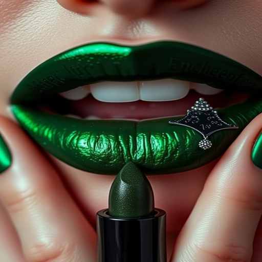 Mysterious "Enchanted Forest" lip stain creates a deep emerald green hue on perfectly shaped lips, featuring a long-lasting formula with a subtle metallic sheen