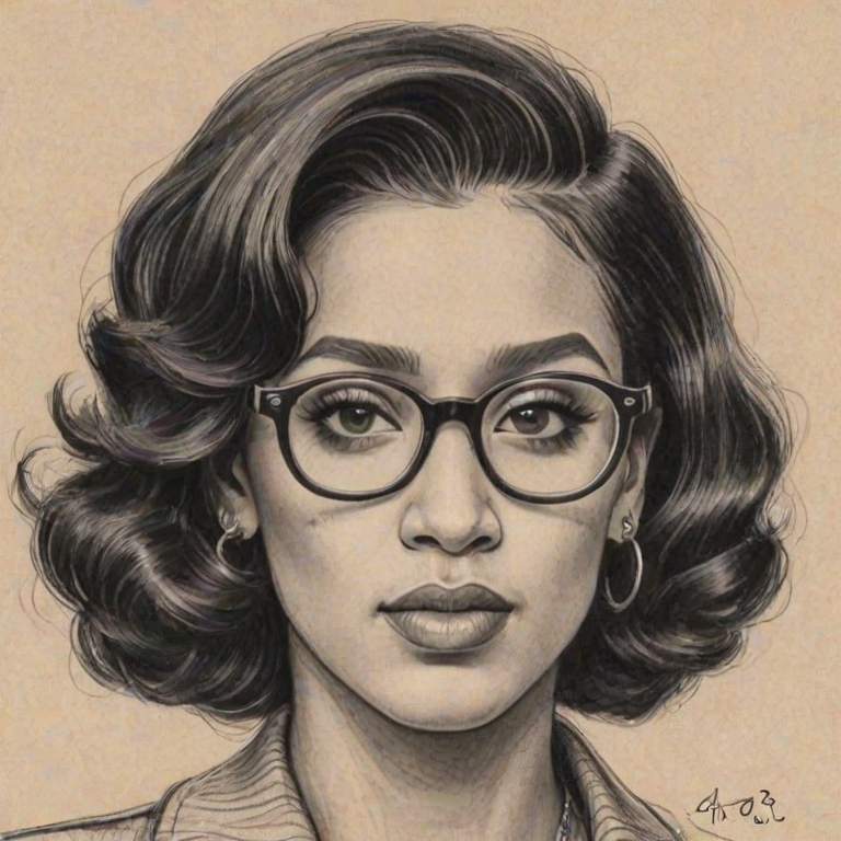Fetching Cardi B, pencil sketch, portrait of Delightful woman 1938s in glasses, hair style beatnik, outline, clear lines, fine lines, 8k