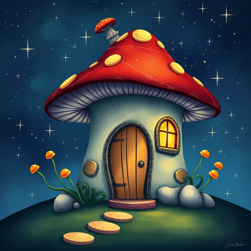 this image is illustration of a mushroom house with a door and a window, a storybook , fantasy art, mushroom house, bg starry sky, sparkles