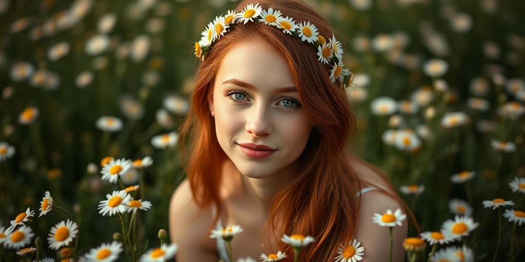portrait of a young woman with red hair sitting in a field of flowers creating a daisy crown, soft natural lighting, shallow depth of field, Nikon D850, 85mm f/1.8 lens, aperture f/2.8, ISO 200, 1/250 sec
