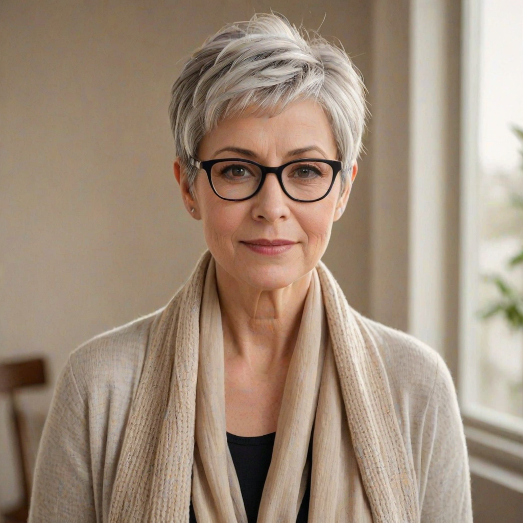 Portrait of a mature woman with short silver hair, styled in an asymmetrical pixie cut with side bangs. She wears black-framed glasses and a beige blouse with a white cardigan over it, as well as a bulky scarf in neutral tones. The woman is indoors with soft lighting and a blur in the background. Her expression is serene and confident, highlighting her elegance and modern style.