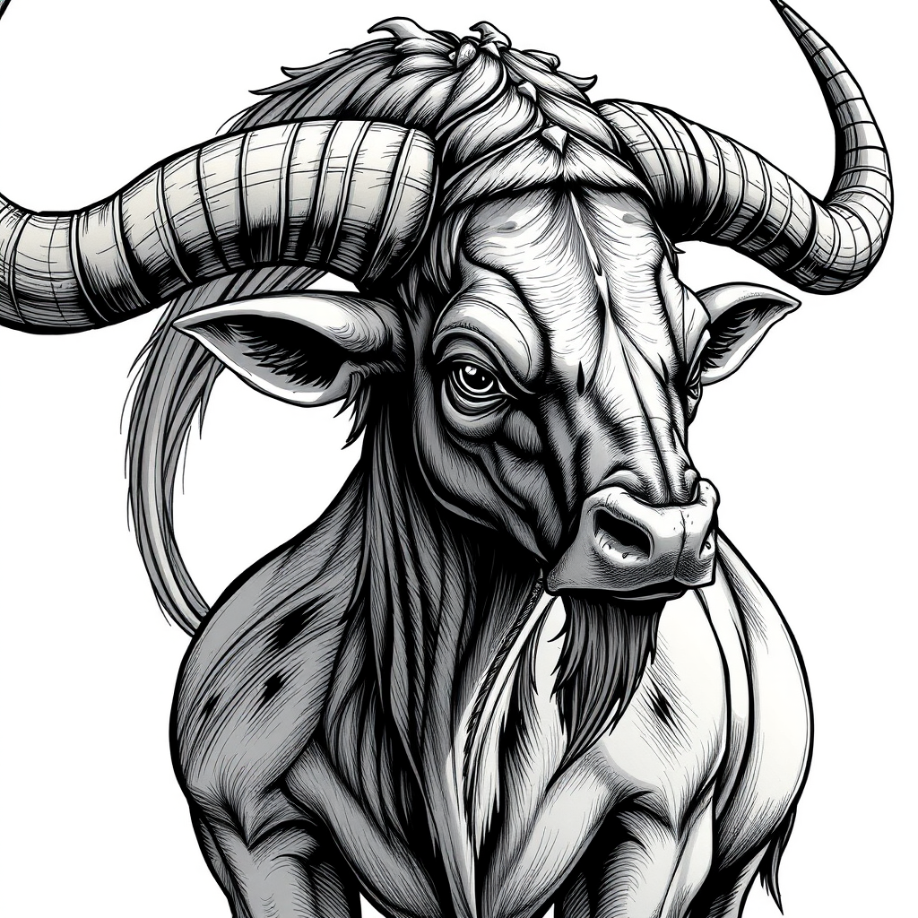 A detailed illustration of a mythical creature with the body of a bull and the upper part of a human, showcasing intricate textures and shading, captured with a DSLR camera at f/2.8, ISO 100, in a close-up shot with natural lighting to enhance detail and depth.