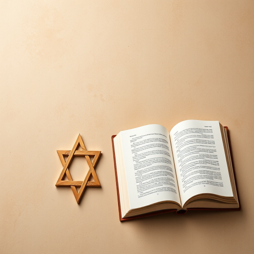 Create an image featuring a Star of David on the left and an open book on the right against a textured beige background, using a DSLR camera with a 50mm lens, aperture set to f/2.8, ISO 200, and a slight vignette effect for depth.