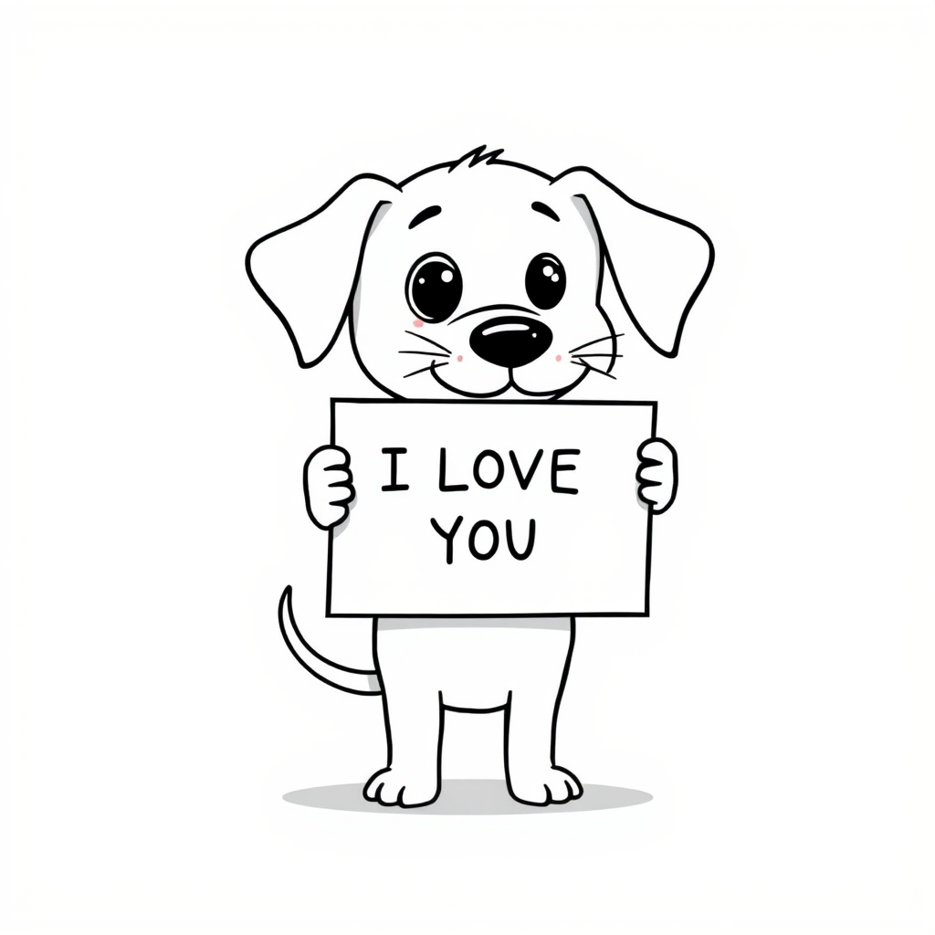 A minimalist cartoon of a PUPPY standing on a blank white background, holding a sign that simply says, 'I LOVE YOU.' The puppy is drawn with just a few lines: big eyes, whiskers, floppy ears, and a straight tail, giving it a comically desperate expression.