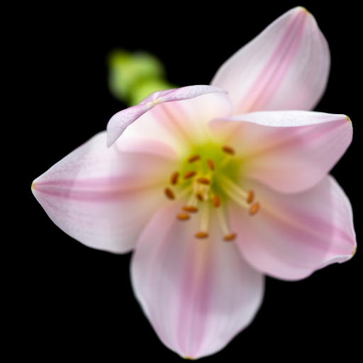 macro shot of a delicate flower with soft pink and white petals, focused on the intricate details of the petals and the stamen, shallow depth of field, aperture f/2.8, ISO 100, shutter speed 1/200s, shot with a DSLR camera, natural lighting, isolation on a black background