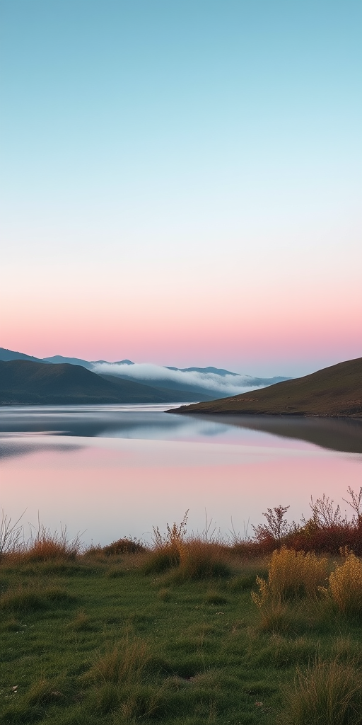 Create a high-resolution image of a serene landscape at dawn featuring rolling hills, a calm lake reflecting the pastel sky, with soft mist hovering over the water, captured with a DSLR camera, 50mm lens, f/1.8 aperture, ISO 100, and a tripod for stability.
