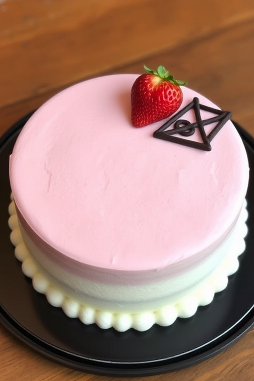 A round cake with a light pink mousse layer on top and a fluffy white base, decorated with a fresh strawberry on the top and a chocolate lattice design. The cake is placed on a dark circular plate and is set on a wooden table.