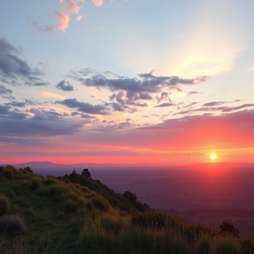 Create a high-resolution image of a serene landscape at sunset with vibrant colors, using a DSLR camera with a 50mm lens, aperture set to f/8, ISO 100, and a shutter speed of 1/250s, capturing a wide-angle view for depth and clarity.