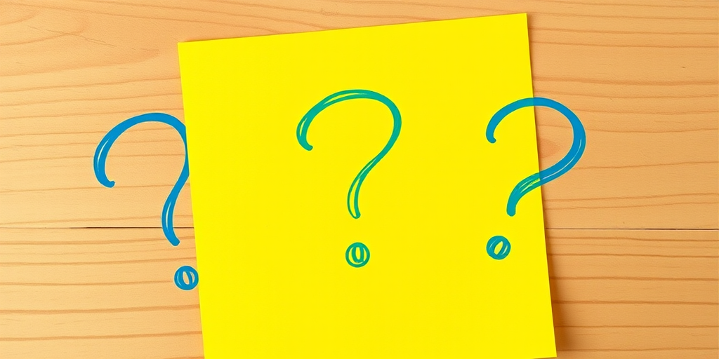 Create an illustration of three blue hand-drawn question marks on a bright yellow sticky note, captured with a Canon EOS R camera, 50mm lens, f/2.8 aperture, ISO 100, natural light, top-down view for clarity and depth.