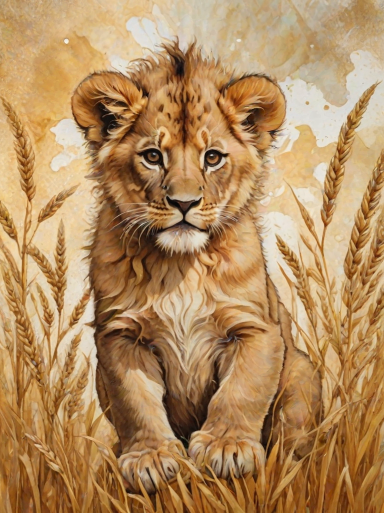 Soft, muted Alcohol Ink with ebru effect background image of tiny whimsical lion, who climbed high on the top of a golden rye ear.