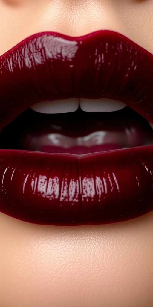 Sultry wine-stained lips showcase a deep burgundy center that fades to a softer hue at the edges, mimicking the look of sipping fine red wine
