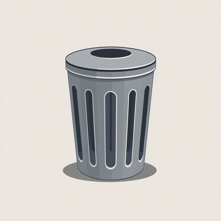 Create an illustration of a simple trash can design, minimalist style, with a neutral background, using a DSLR camera with a 50mm lens at f/1.8, ISO 200, and a slight overhead angle for enhanced perspective.