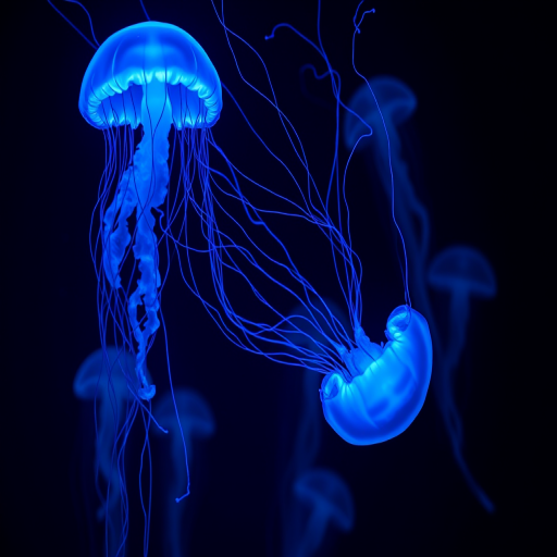 Bioluminescent jellyfish tendrils glow with an otherworldly blue light, floating gracefully in a weightless underwater style, mesmerizing all who gaze upon them