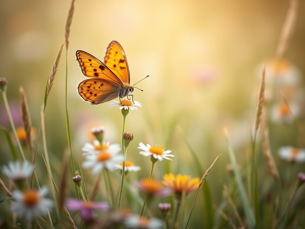 Generate an image of a butterfly perched on a delicate flower in a soft-focus grassy field. The butterfly should have vibrant orange wings with black spots, surrounded by a variety of wildflowers and grass blades gently swaying in the breeze. The background should be blurred to create a dreamy atmosphere, highlighting the butterfly and the flowers in the foreground.