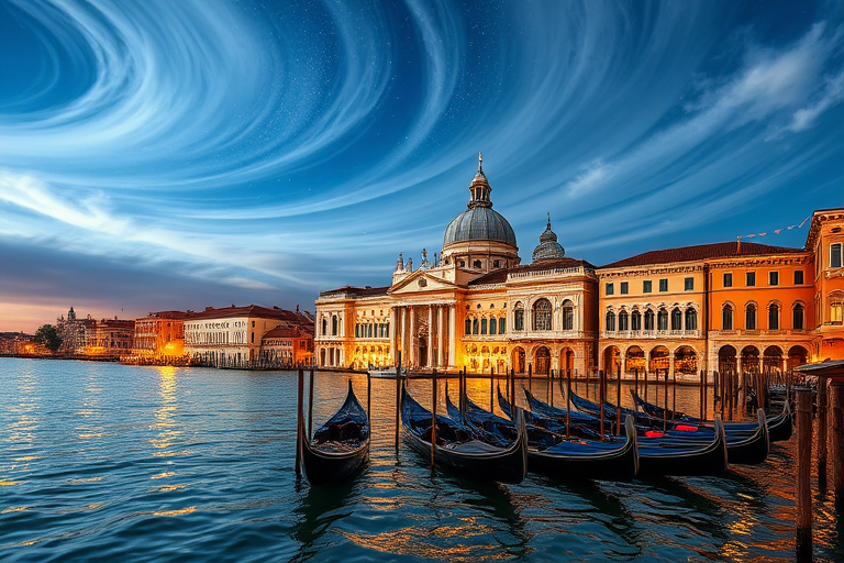 Generate a serene landscape featuring a grand Venetian palace by the water with gondolas, warm lighting reflecting off the surface, under a starry sky and swirling clouds, taken with a Canon EOS R5, 24mm lens, f/2.8 aperture, ISO 100, 1/60s shutter speed, in a vibrant and detailed style.