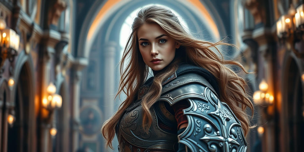 Generate a high-fantasy character portrait of a warrior woman with long flowing hair and ornate armor, set in a grand, illuminated castle interior with intricate details, using a DSLR camera at f/1.8 aperture, ISO 100, 50mm lens, natural light, and high dynamic range settings for enhanced details and color vibrancy.