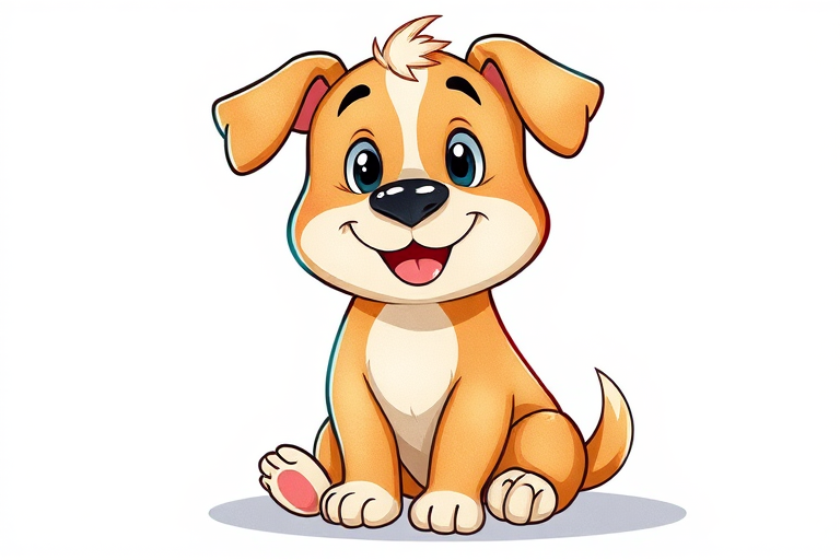 Illustrate a cute cartoon dog sitting with a friendly expression, using vibrant colors and a clear outline, 50mm lens, f/2.8 aperture, ISO 100, natural light, watercolors style, digital art.