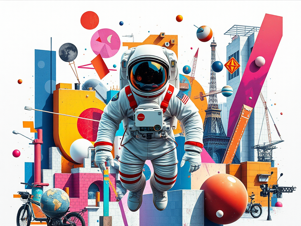 Create a vibrant and colorful digital collage featuring an astronaut among abstract shapes and urban elements, using a high-resolution camera at 50mm focal length, f/2.8 aperture, ISO 100, in a wide-angle view, with a modern DSLR camera style.