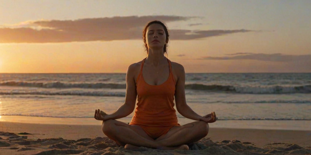 Woman on a tranquil beach, the setting sun casting an orange glow over the waves, as she sits cross-legged, meditating with the sound of the ocean in the background.